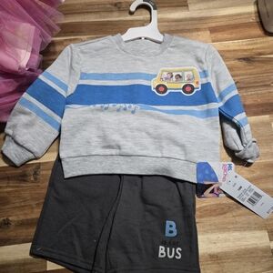 18mo Gray and Blue Bus Themed Ms. Rachel Toddler Outfit